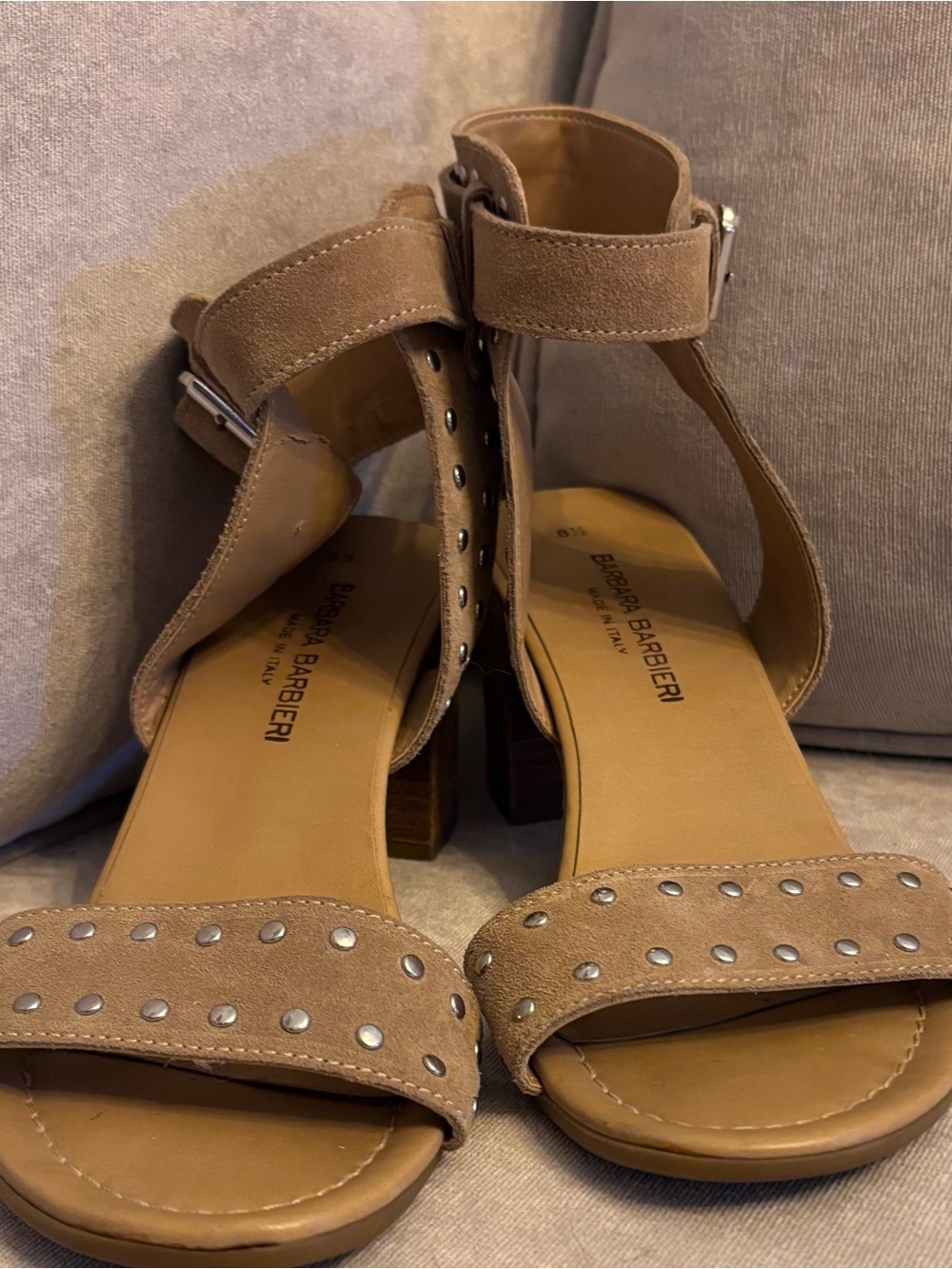 Barbara Barbieri Made in Italy Suede Ankle-Strap Studded Heeled Sandals in Tan